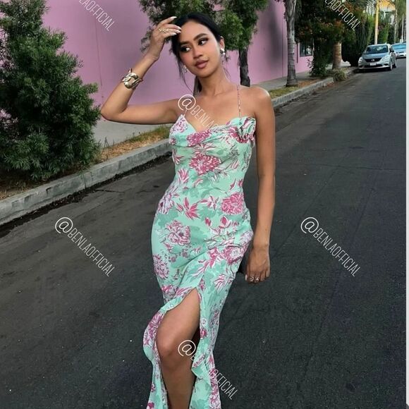 NWT ZARA FLORAL PRINT SLIP DRESS GREEN AND PINK - Picture 12 of 17